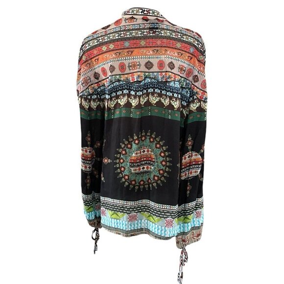 Desigual Sheer Chiffon Colorful Print Blouse Sz M Spain Boho Tribal Aztec Bishop - Picture 2 of 11